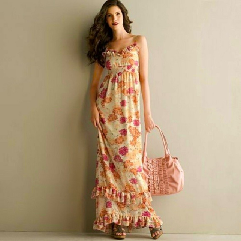 Elle Orange & Pink Floral Tiered Ruffle Maxi Dress Womens Size M